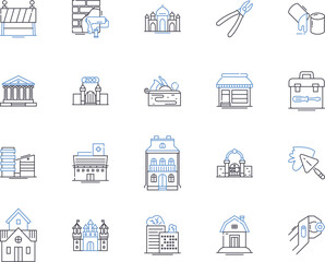 Construction tools outline icons collection. Shovel, Hammer, Drill, Saw, Wood, Wrench, Pliers vector and illustration concept set. Screwdriver, Nail, Axe linear signs