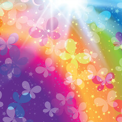 Vector spring poster with colorful rainbow and stars and rays and butterflies