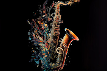 Fototapeta na wymiar Music, saxophone made with musical symbols. Generative Ai