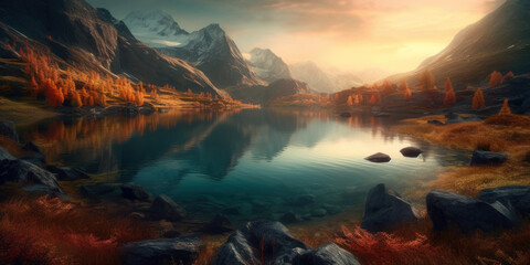 Fantastic evening panorama of Lake, Switzerland. Picturesque autumn sunset in the Alps, Generative Ai