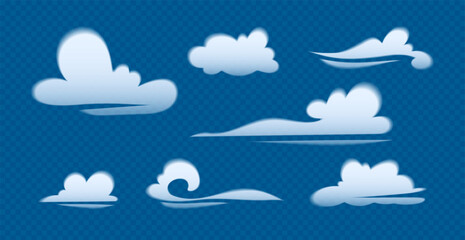 Fototapeta na wymiar Set of different white clouds for windy sky. Blurred effect design elements collection. Vector illustration