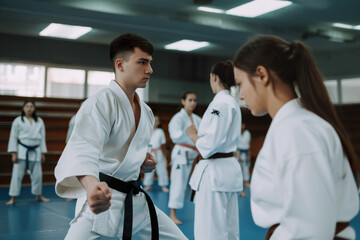 Obraz premium Young athletes karatekas, experts, training karate fighting style in the gym, AI generative illustration