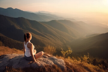 Naklejka premium Female practicing meditation on top a mountain high up in the clouds generated by AI.