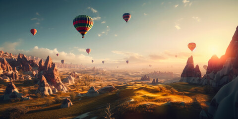 background landscape Cappadocia with hot air balloons sun light. Concept trip Turkey travel, wallpaper, Generative Ai