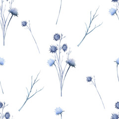 Seamless pattern with wild flovers and twigs. Watercolor illustration