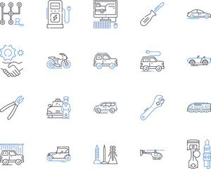 Transport service outline icons collection. Transportation, Shipping, Delivery, Courier, Logistics, Freight, Moving vector and illustration concept set. Hauling, Cruise, Rail linear signs