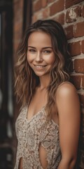 Obraz na płótnie Canvas A beautiful natural smiling woman is dressed in the boho chic glam style - Adorned in a stunning lace ensemble against a textured brick wall - Natural and warm Lightning - AI generated woman