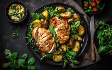 chicken breast with roasted potatoes ,grilled zucchini and arugula spinach salad on a dark background. top view. Generative AI. 
