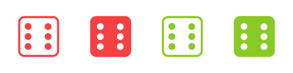 Six. Green and red casino dice sign. Playing bones vector illustration. Dice vector icon.