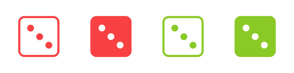 Three. Green and red casino dice sign. Playing bones vector illustration. Dice vector icon.