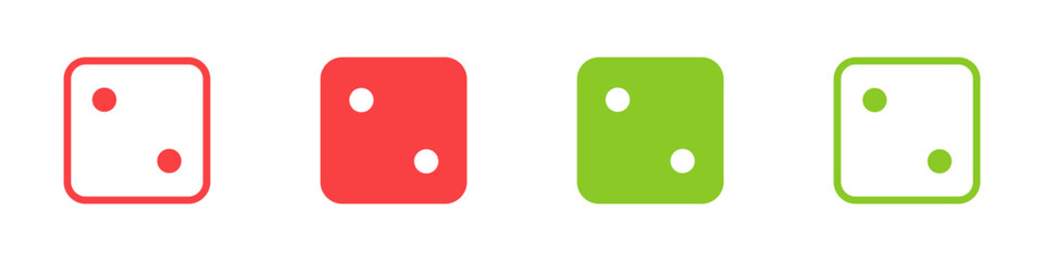Two. Green and red casino dice sign. Playing bones vector illustration. Dice vector icon.