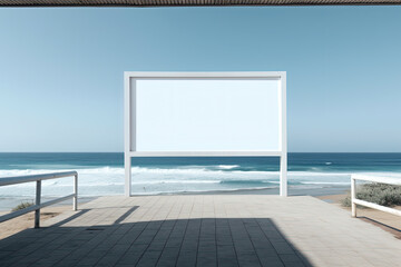 Blank billboard on the beach with sea in the background. 3d rendering - obrazy, fototapety, plakaty