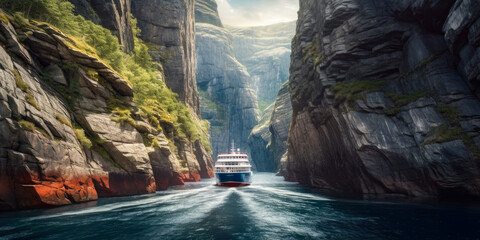 Cruise ship passes a narrow canyon of rock, one of the many natural wonders that can be found in Norwegian fjords, Generative Ai