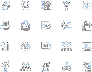 Strategic management outline icons collection. Planning, Decision-making, Organizing, Leadership, Strategy, Analysis, Adaptation vector and illustration concept set. Implementation,Forecasting