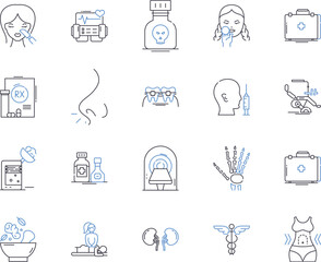 Health and medical services outline icons collection. Medical, Healthcare, Services, Treatment, Diagnosis, Prevention, Rehabilitation vector and illustration concept set. Clinics, Hospitals, Nurses