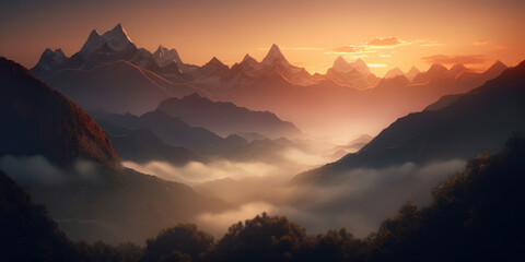 Fototapeta premium View of the Himalayas during a foggy sunset night - Mt Everest visible through the fog, Generative Ai