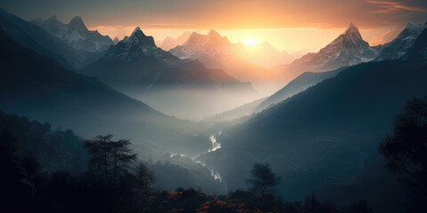 View of the Himalayas during a foggy sunset night - Mt Everest visible through the fog, Generative Ai