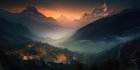 Fototapeta na wymiar View of the Himalayas during a foggy sunset night - Mt Everest visible through the fog, Generative Ai