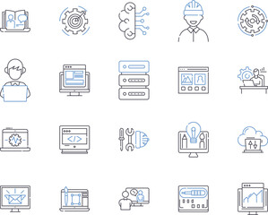 Website and computer outline icons collection. website, computer, internet, browsing, surfing, search, engine vector and illustration concept set. optimization, design, development linear signs