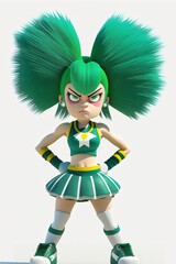 illustration of a cheerleader in green uniform with protruding green wigs created with Generative AI technology