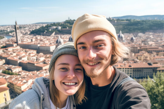 Attractive beautiful young couple in love taking a photo of themselves in front of a cityscape of Florence. Generative AI