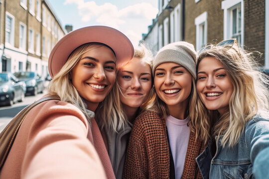 Four blondie beautiful women friends taking a photo of themselves at the street in London. Generative AI