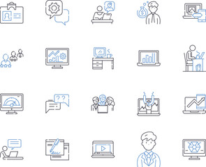 Remote business outline icons collection. Remote, Business, Work, Collaboration, Telecommuting, Communication, Digital vector and illustration concept set. Virtual, Technologies, Remotely linear signs