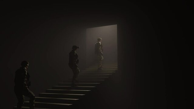 Seamless loop soldiers go up the escalator. Military concept, into battle, liberation of prisoners, assistance in manpower. 3D cycled looped animation.