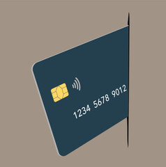 A generic blank credit card with text area is seen stuck into a slice line in a grunge wall.