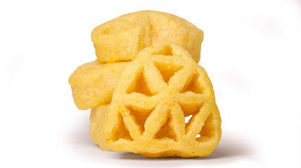 Delicious high-protein crunchy protein, snack, puff, corn isolated on white background high quality details