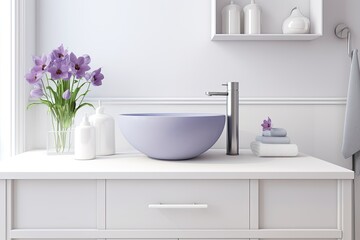 Fototapeta na wymiar bathroom vanity with a vessel sink, ornaments, and flowers. internal layout. Generative AI