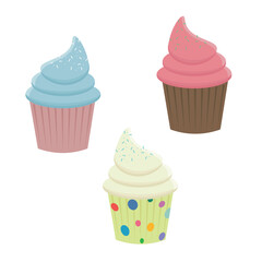 A set of cute cupcakes, colorful birthday cupcakes with blue, pink and yellow cream icing as well and with sprinkles on top, kawaii vector art for kids, parties, decoration etc.