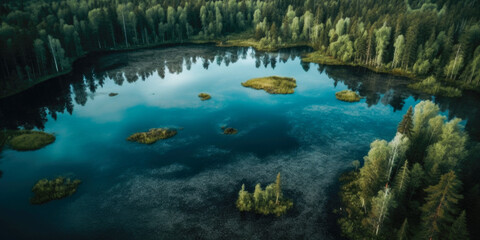 Fototapeta na wymiar Aerial view of blue water lake and green summer woods in Finland. wallpaper, Generative Ai