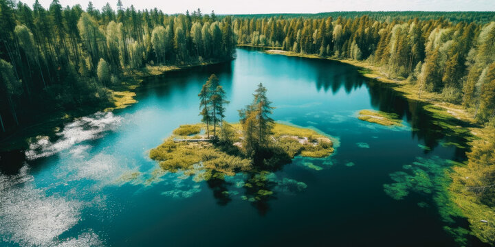 Aerial view of blue water lake and green summer woods in Finland. wallpaper, Generative Ai