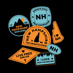 Sticker Pack. Collection of trendy pins. Set of cool patches vector design. New Hampshire retro badges.