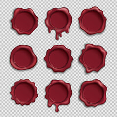 Seal wax stamp. Realistic round postmark set, certificate letter for premium office paper, diploma emblem, confidential documents, envelope seals 3d isolated elements. Vector graphic badge