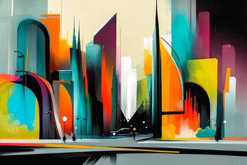 Paysage urbain abstrait en peinture - Tableau contemporain - Générative IA