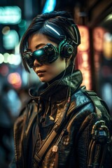 Fototapeta na wymiar asian woman in a black leather jacket with futuristic glasses created with Generative AI technology