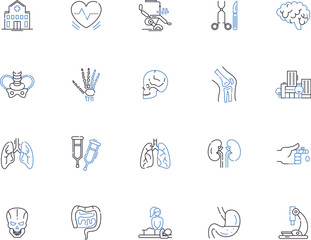 Clinic outline icons collection. Clinic, Medical, Healthcare, Therapy, Doctor, Diagnosis, Treatment vector and illustration concept set. Care, Nurse, Emergency linear signs