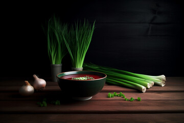 Borsch with green onion on the table
created using generative Al tools