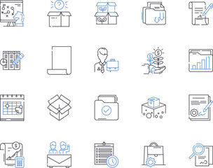 Document flow outline icons collection. Document, Flow, Management, Automation, Tracking, Log, System vector and illustration concept set. Audit, Review, Storage linear signs