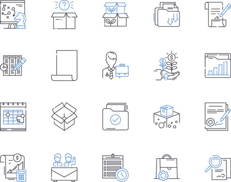 Document flow outline icons collection. Document, Flow, Management, Automation, Tracking, Log, System vector and illustration concept set. Audit, Review, Storage linear signs