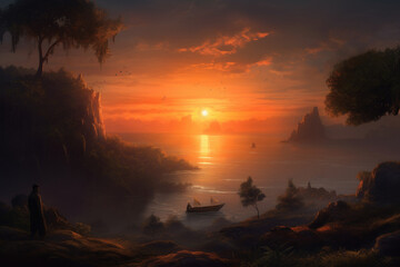 an idealised romantic dramatic matte painting of a sunset, Generative Ai