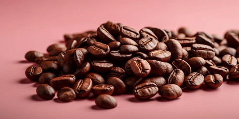 Naklejka premium tasty and fresh roasted coffee beans, isolated on a light pink background, close up, created with generative ai