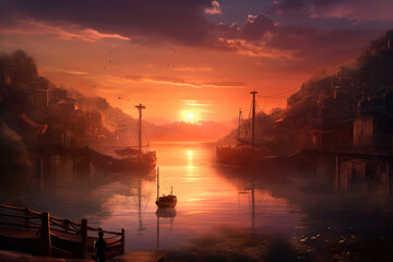 Naklejka premium an idealised romantic dramatic matte painting of a sunset, Generative Ai