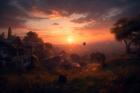 an idealised romantic dramatic matte painting of a sunset, Generative Ai