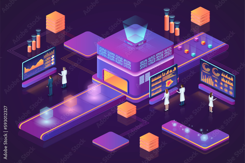 Poster data technology. isometric 3d people. business infographic. work process. workspace analysis. innova
