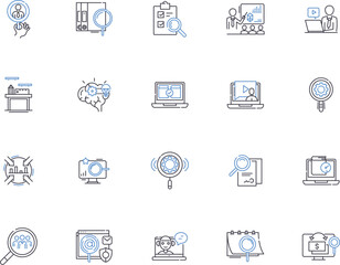 Research outline icons collection. Research, Investigation, Exploration, Analysis, Study, Inquiry, Assay vector and illustration concept set. Breakdown, Examine, Survey linear signs