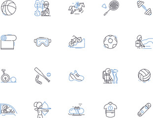 Sport equipment outline icons collection. Racket, Shoes, Gloves, Balls, Uniform, Locker, Racquets vector and illustration concept set. Bat, Pads, Helmet linear signs
