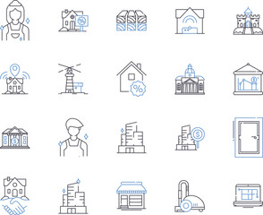 Houses and household outline icons collection. House, Household, Home, Dwelling, Residence, Abode, Villa vector and illustration concept set. Cottage, Condo, Apartment linear signs